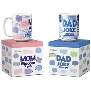 Funny Coffee Mugs - Mom Wisdom Supply & Dad Joke Supply Set of Two Mugs